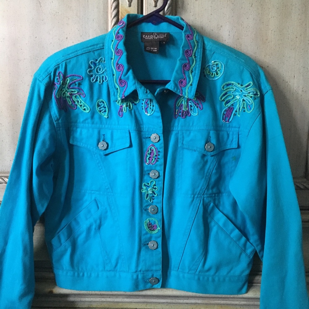 Deep aqua cotton battle-jacket w/ purple, green & aqua beads/binding & 6 buttons